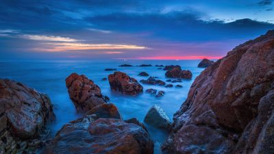 Rocky shore, Beach, Dusk, Ocean, Sunset, Horizon