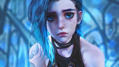 Jinx, Sad, 5K, Arcane: League of Legends, Blue background, Sad face