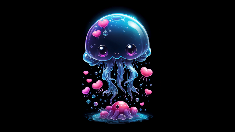 Jellyfish, Cute art, Love hearts, Kawaii, Black background, AMOLED