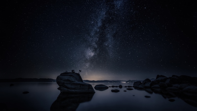 Bonsai Rock, Milky Way, Night, Lake Tahoe, Astrophotography, Night sky, Starry sky, Long exposure, Reflections, Galaxy, Dark Sky, Rock formations, Cosmos, Nightscape, 5K, Nevada