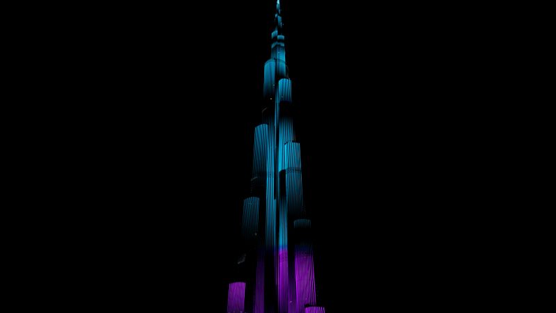 Burj Khalifa, Night illumination, Night lights, Light show, Dark background, 5K, 8K, AMOLED, Dark aesthetic, Wallpaper