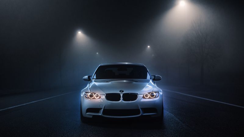 BMW M3, White cars, Dark background, Night time, Street lights, Foggy night, Automobile, 5K, Wallpaper