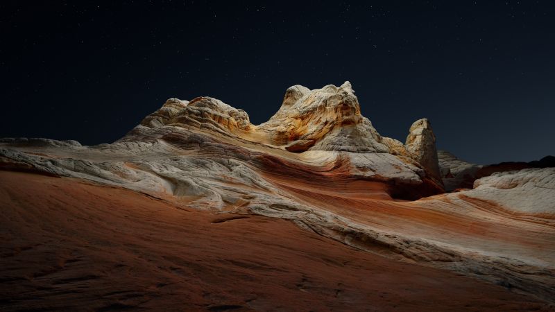 macOS Big Sur, Night, Stock, Sedimentary rocks, Desert, Starry sky, Dark, iOS 14, 5K, Wallpaper