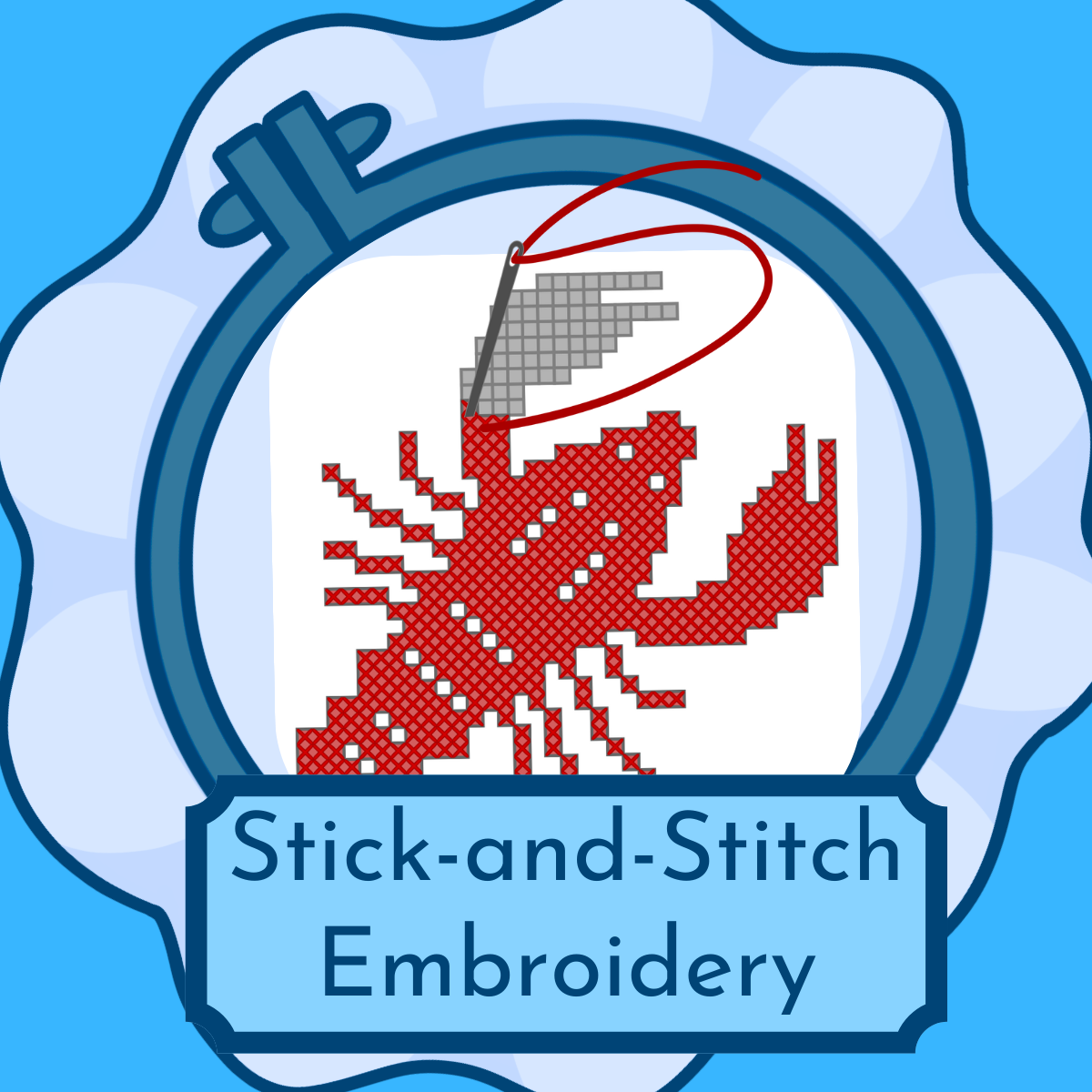 Illustration of an embroidery hoop on which the lobster pattern has been mostly cross-stitched, with only the last claw showing the grey squares of the pattern.