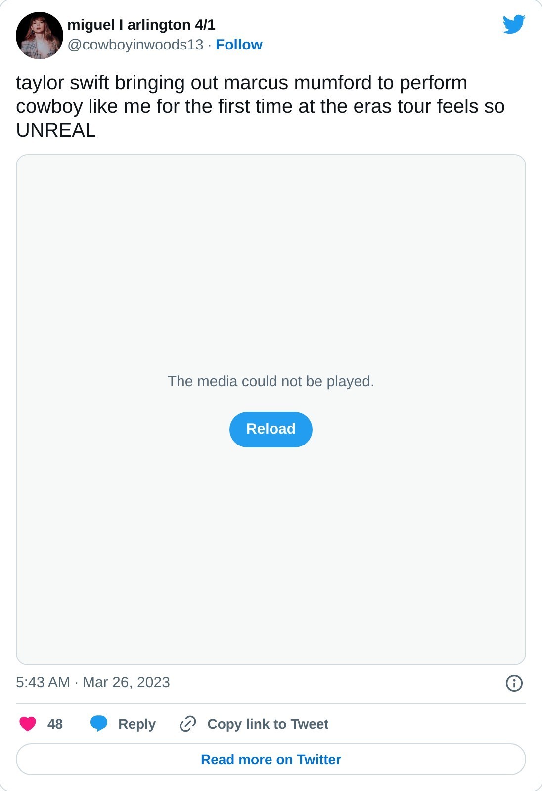 taylor swift bringing out marcus mumford to perform cowboy like me for the first time at the eras tour feels so UNREALpic.twitter.com/VfppE5YVbo  — miguel I arlington 4/1 (@cowboyinwoods13) March 26, 2023