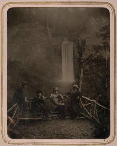 ca. 1875, [tintype portrait of four men enjoying the view in front of Taghanic (Taughannock) Falls near Ithaca, N.Y.], C.M. Marsh