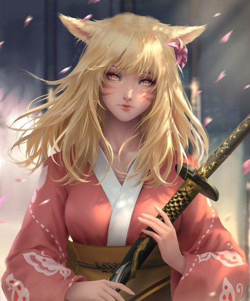 Pretty cat girl in kimono: Original anime character [digital art by Chuby Mi]