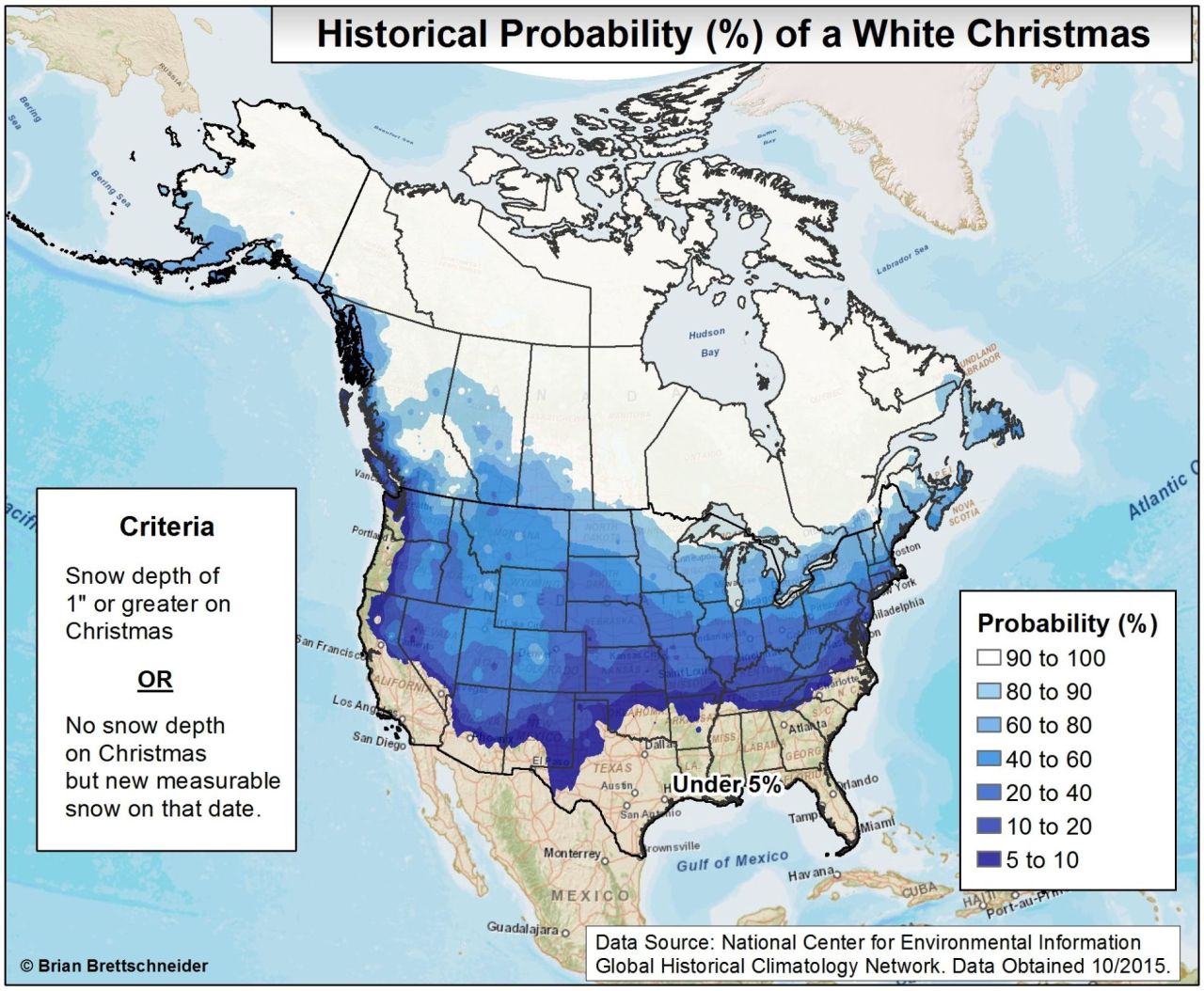 mapsontheweb:
“ North America white Christmas climatology.
Historical likelihood of a white Christmas. Data obtained from the National Center for Environmental Information (both U.S. and Canada data). A snow depth of 1" or more, or a snow depth of 0"...