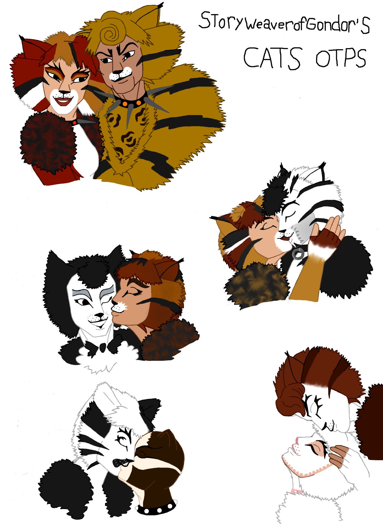 storyweaverofgondor:
“ Soooo, who knew that big projects took a long time, eh? ;)
Decided to draw my top five Cats OTPs and here they are: Tuggalurina. Demestrap. Quaxlectra. Casslonzo. Platoria.
@jellicle-ho for obvious reasons
”