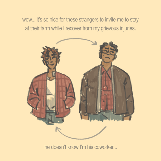 A digital drawing of Wally West standing next to Clark Kent, both in civilian clothes. Wally is covered in bandages and appears happy, smiling and looking to the left, while Clark is looking to the right and appearing stressed. An arrow going from Wally to Clark, indicating Wally's thoughts, has text above it reading "Wow... it's so nice of these strangers to invite me to stay at their farm while I recover from my grievous injuries." An arrow from Clark to Wally at the bottom, indicating Clark's thoughts, has similar text reading "He doesn't know I'm his coworker..."