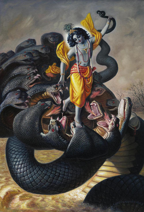 thejeweledotter:
“ Satchitananda Das
”
Krishna Dancing on the hoods of the massive serpent Kaliya