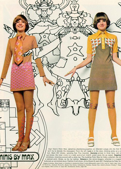 “Multiplex minis by Max! Zap! Here’s Peter Max splashy phantasma graphics on little knit cut-ups.”
Fashion by Peter Max
Seventeen magazine (April 1970) . via finnfemme