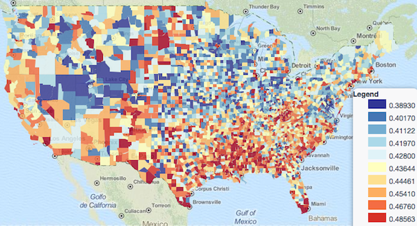 This map shows each US county’s Gini coefficient for income distribution. While “Gini coefficient” technically only refers to a measure of inequality among values of any variable, it is most commonly applied to income distributions. The coefficient...