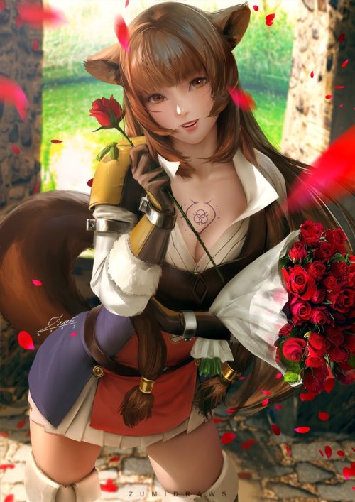 Kawaii tanuki girl Raphtalia with a bouquet of roses: Tate no Yuusha no Nariagari anime art [Artist: Zumi Draws]