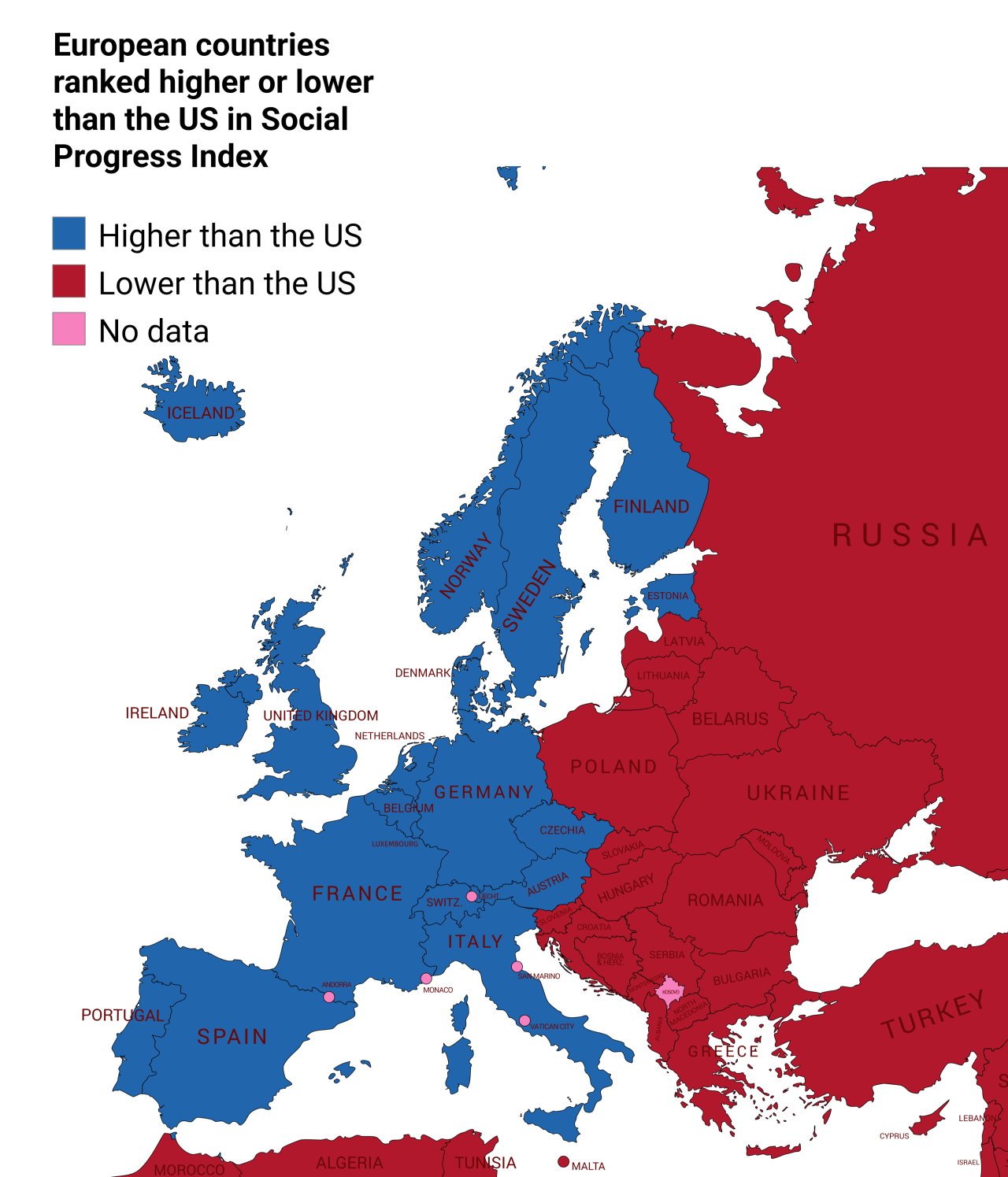 European countries ranked higher or lower than the... - Maps on the Web