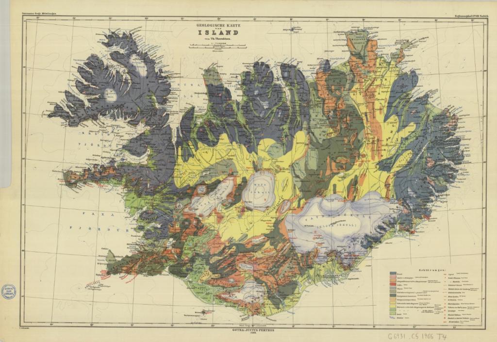 This map, made in 1901 by H. P. Simonsen, shows the geology of Iceland. You can see an incredibly high-resolution version of the same image (but in English!) here.