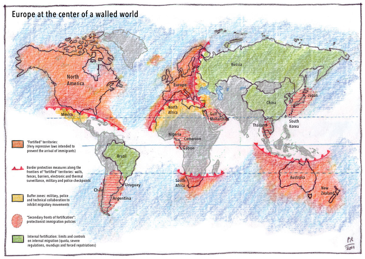 This map, by Philippe Rekacewicz, shows the areas of the world with significant limits on international and internal migration.