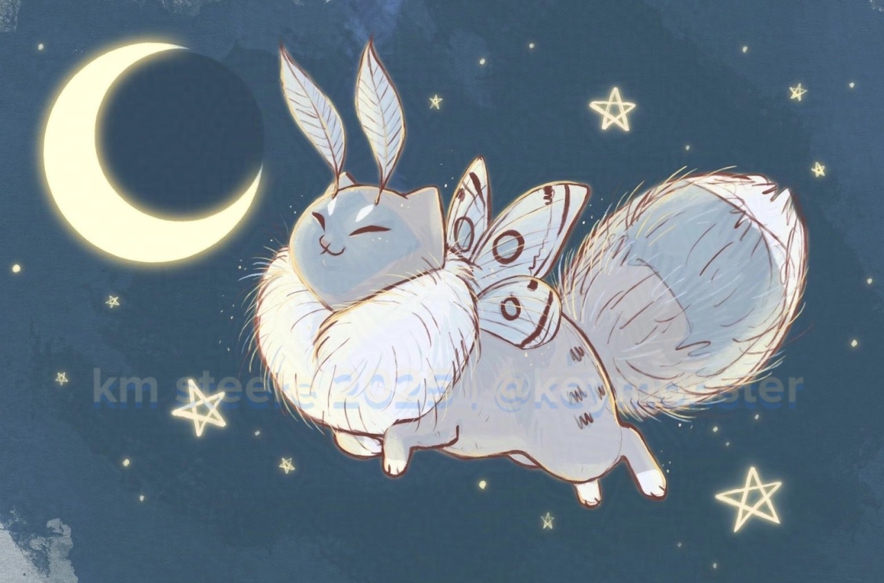 A digital sketch of grey and white moth kitten creature that is floating through the night sky surrounded by stars and a crescent moon. The moth kitten has a big poofy tail, moth wings and antennae along with a big fluffy mane.