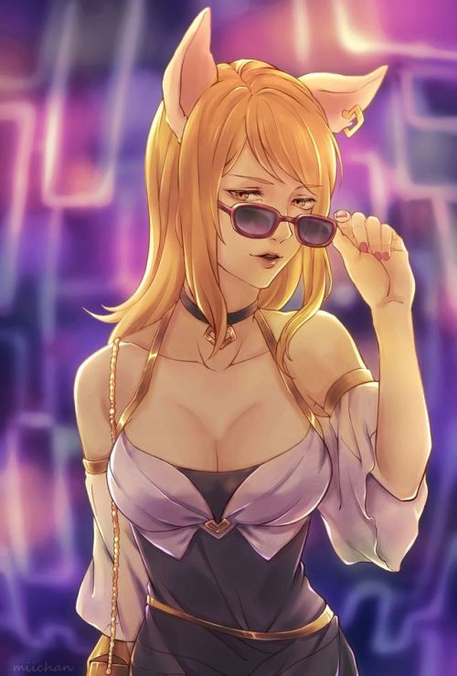 Hot Fox girl K/DA Ahri (skin) with sunglasses: League of Legends game digital fanart [Artist: Miichan]