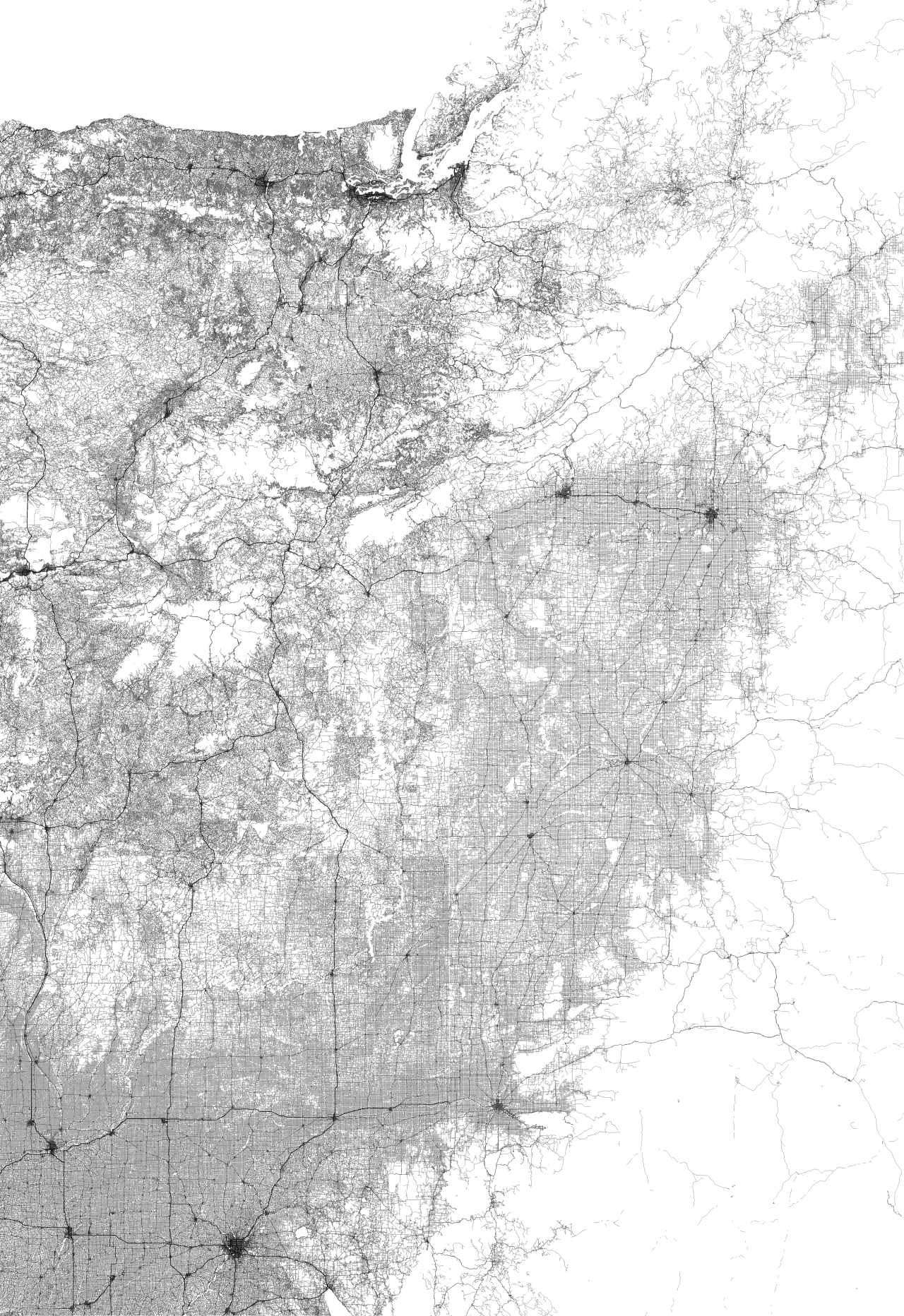 This map, from Radical Cartography, shows every street along a broad swath of the US & Canada centered on the 49th parallel, which forms much of the countries’ border. If you zoom in and look closely, you can actually see the border, as a thin white...