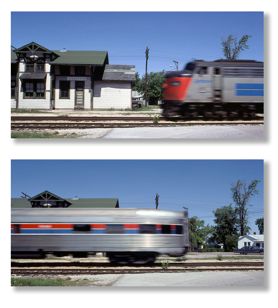 railwayhistorical:
“Inter-American
Amtrak’s southbound Inter-American speeds by the depot at Lexington, Illinois. The train is headed up by a rounded-nose E-unit, with a rounded-end observation bringing up the rear—how the visionary designers of the...