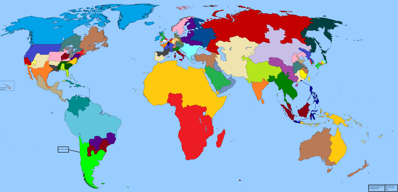 This map divides the world into regions with equal GDP - each colored area has a gross regional product of approximately one trillion dollars.