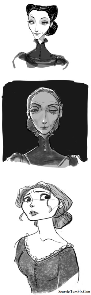 The evolution of Mother Gothel.. By Jin Kim – @scurviesdisneyblog on Tumblr