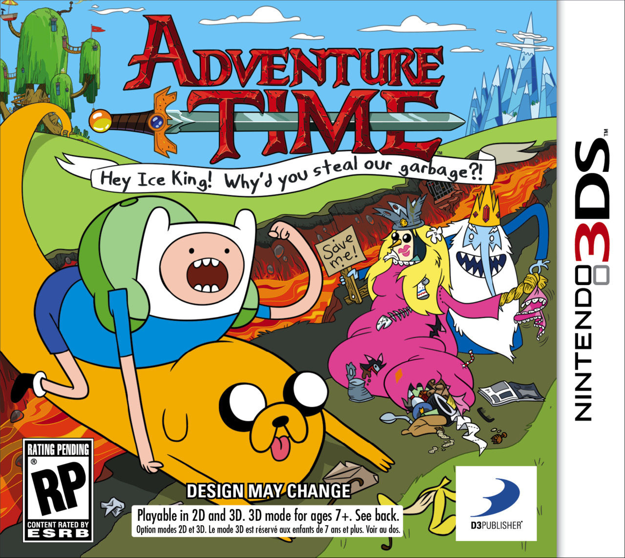 WayForward’s Adventure Time game is releasing for 3DS, too – and not just DS, as was initially reported.
In addition to this fine boxart, we now have the game’s full title (Adventure Time: Hey Ice King! Why’d You Steal Our Garbage?!) and some details...