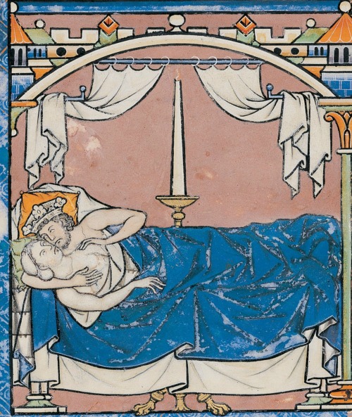 13th century (1240s) France - Paris
Morgan Library
MS M.638: The Morgan Bible AKA the Maciejowski Bible
fol. 41v - David lays with Batsheba
http://www.themorgan.org/collections/swf/exhibOnline.asp?id=281
I’m sure that candle is totally not an...