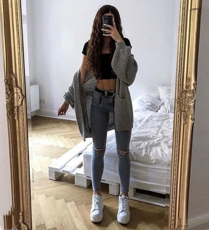 cardigan, girl and mirror