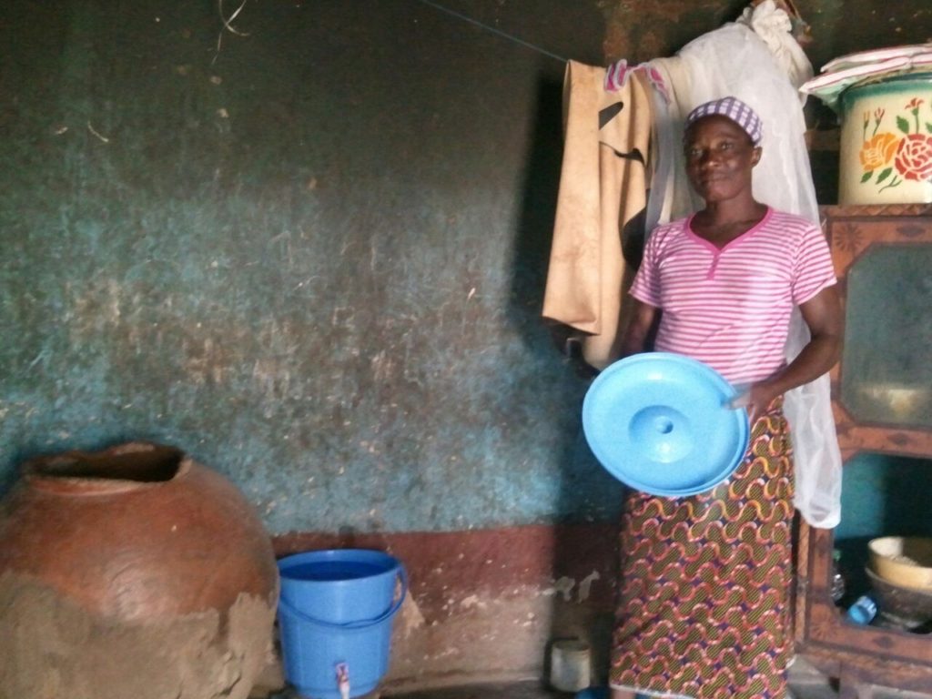 "Household visit with a full bucket of clean water"