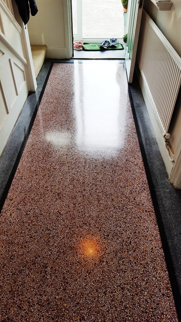 Old terrazzo hallway floor after polishing Bridgend