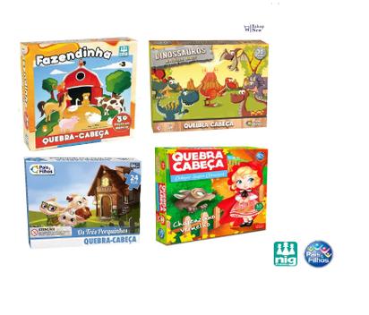 Kit 4 quebra cabeça Infantil - Fazendinha+ Chapeuzinho+ Dinossauros+ ...