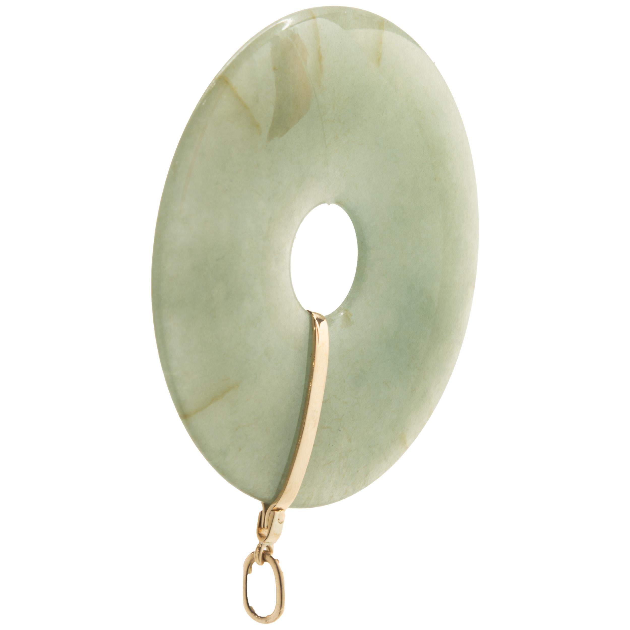 Rough Cut 14 Karat Yellow Gold Jade Circle Pendant