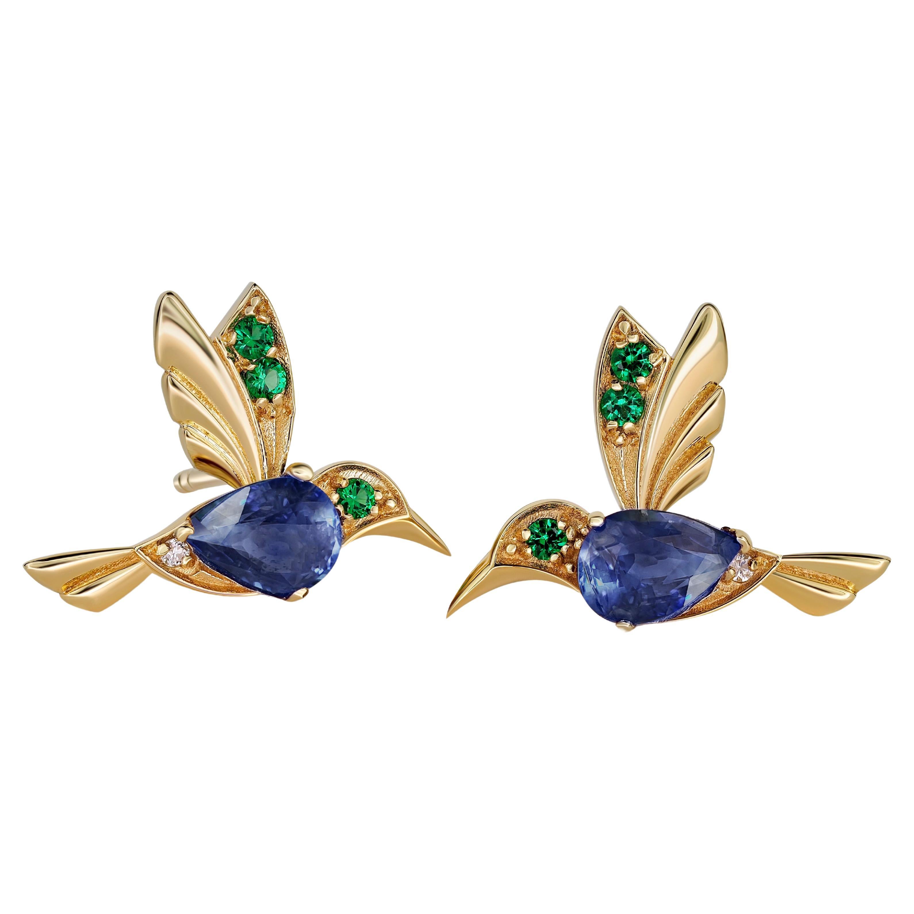 14k Gold Hummingbird Earings Studs with Sapphires !