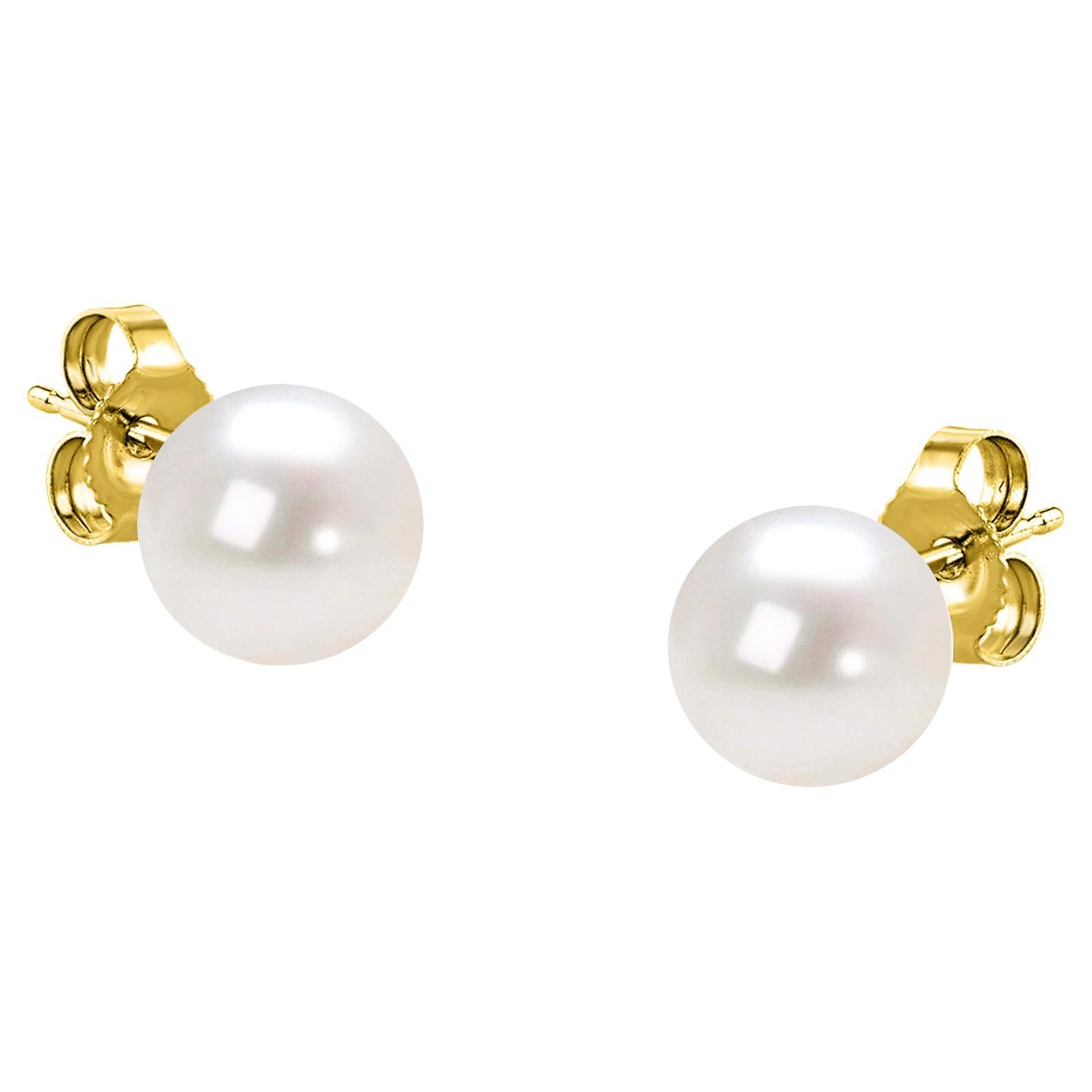 14K Yellow Gold Round Freshwater Akoya Cultured AAA+ Quality Pearl Stud Earrings