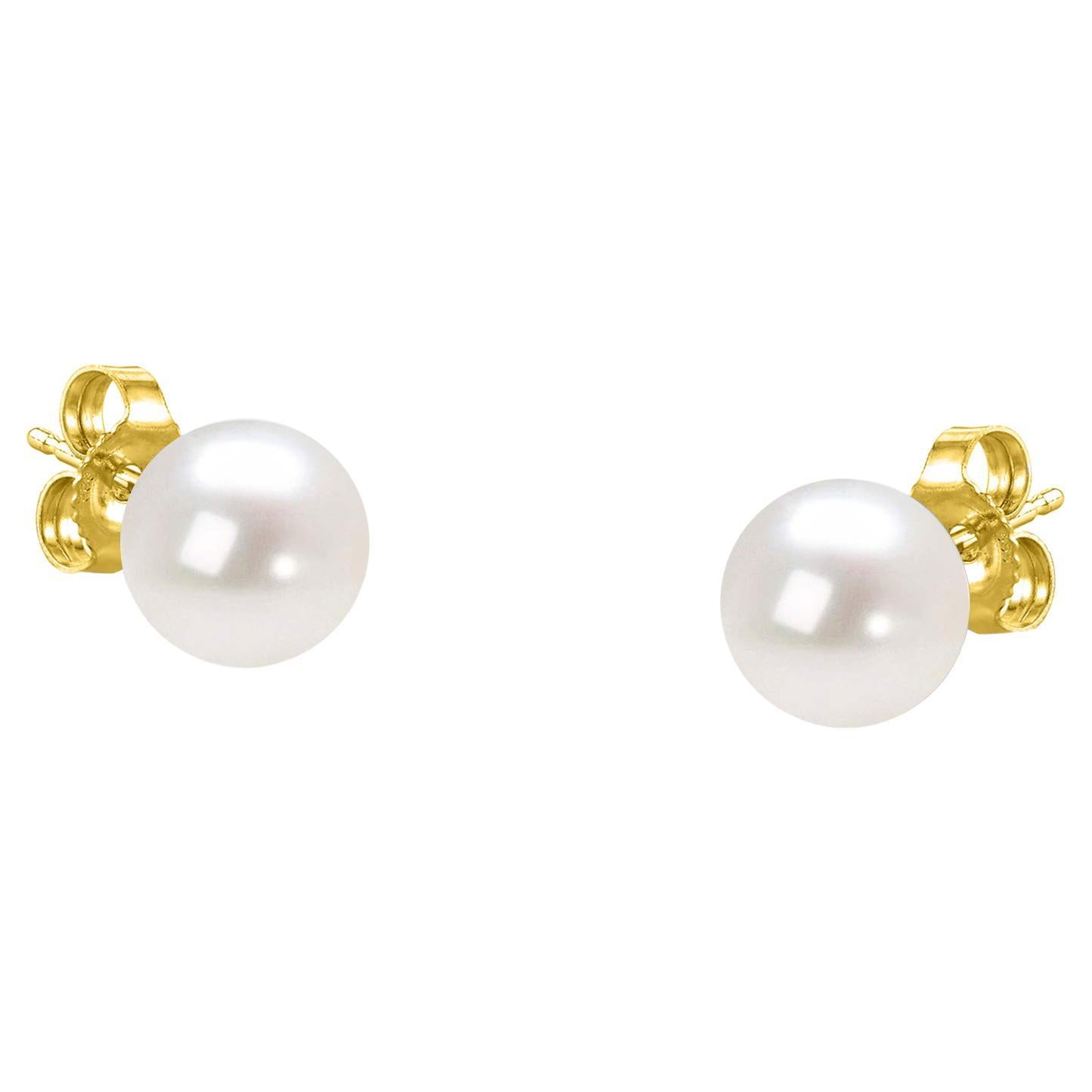 14K Yellow Gold Round Freshwater Akoya Cultured AAA+ Quality Pearl Stud Earrings