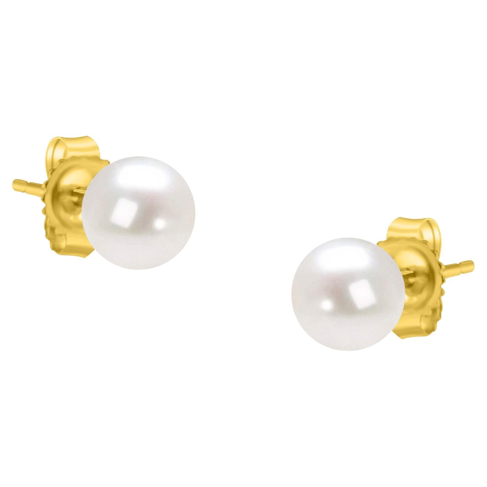 14K Yellow Gold Round Freshwater Akoya Cultured AAA+ Quality Pearl Stud Earrings