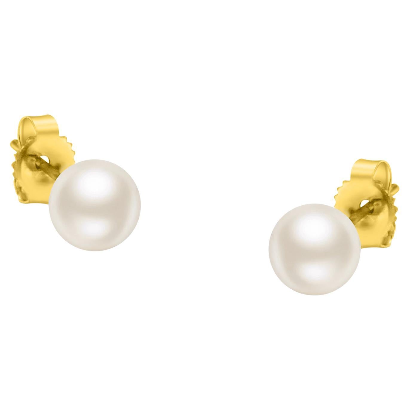 14K Yellow Gold Round Freshwater Akoya Cultured AAA+ Quality Pearl Stud Earrings