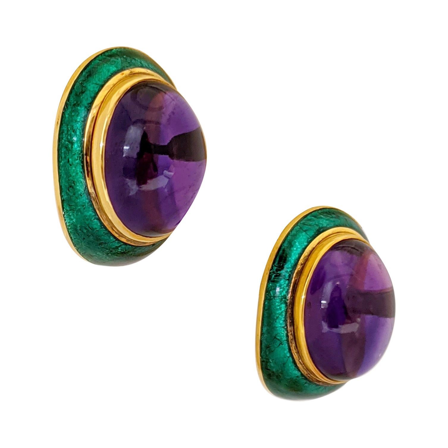 18 Karat Yellow Gold, Green Enamel Earrings with 34.46 Carat Cabochon Amethyst