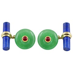 18 Karat Yellow Gold Jade and Rubies with Lapis Lazuli Cufflinks