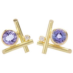 18K Gold, Tanzanite, and Diamond Crisscross Stud Pierced Earrings