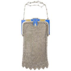 1920s Whiting and Davis Blue Enamel Art Deco Clasp Mesh Bag