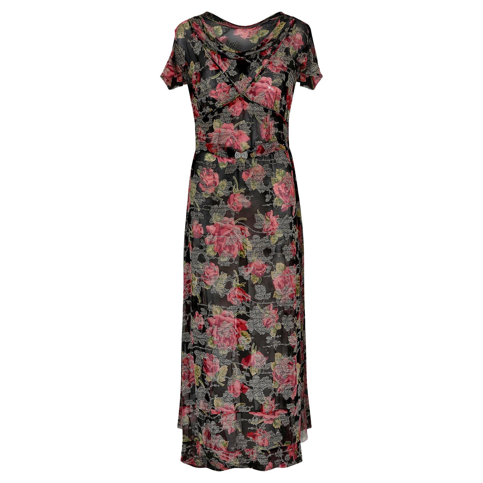 1930er Jahre Chiffon Rose Print Lame Kleid  im Angebot