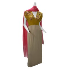 1960s John Hogan Crepe Dress w/ Mustard Floral Embroidered Bodice & Cream Skirt