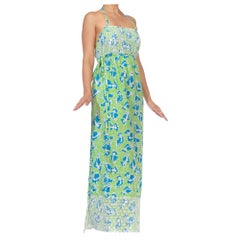 1970S LILLY PULITZER Green Blue Poly/Cotton Wrap Halter Back Dress