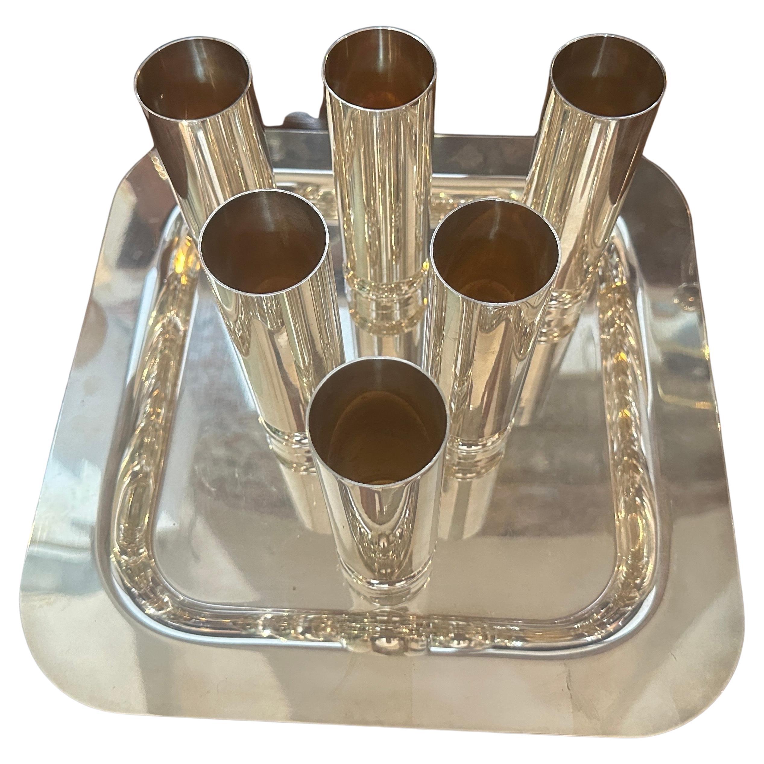 1980s Modernist Silver Plated Italian Square Tray and Champagne Flutes