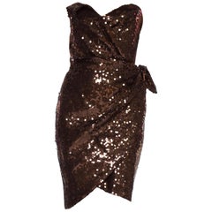 Vintage 1980S THIERRY MUGLER Chocolate Brown Rayon Fully Sequined Strapless Cocktail Dr