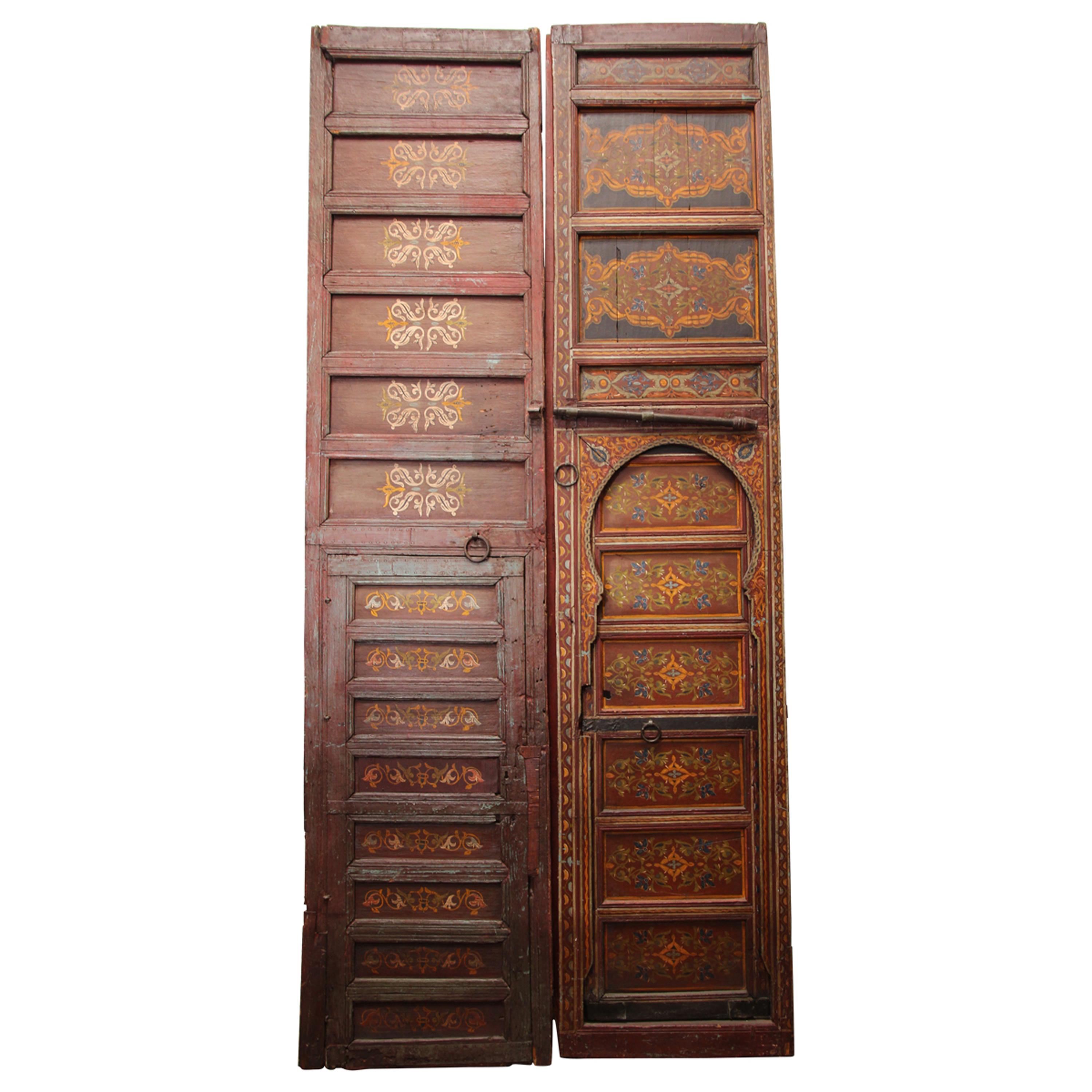 19th Century Moroccan Antique Double Door with Hand Painted Moorish Designs