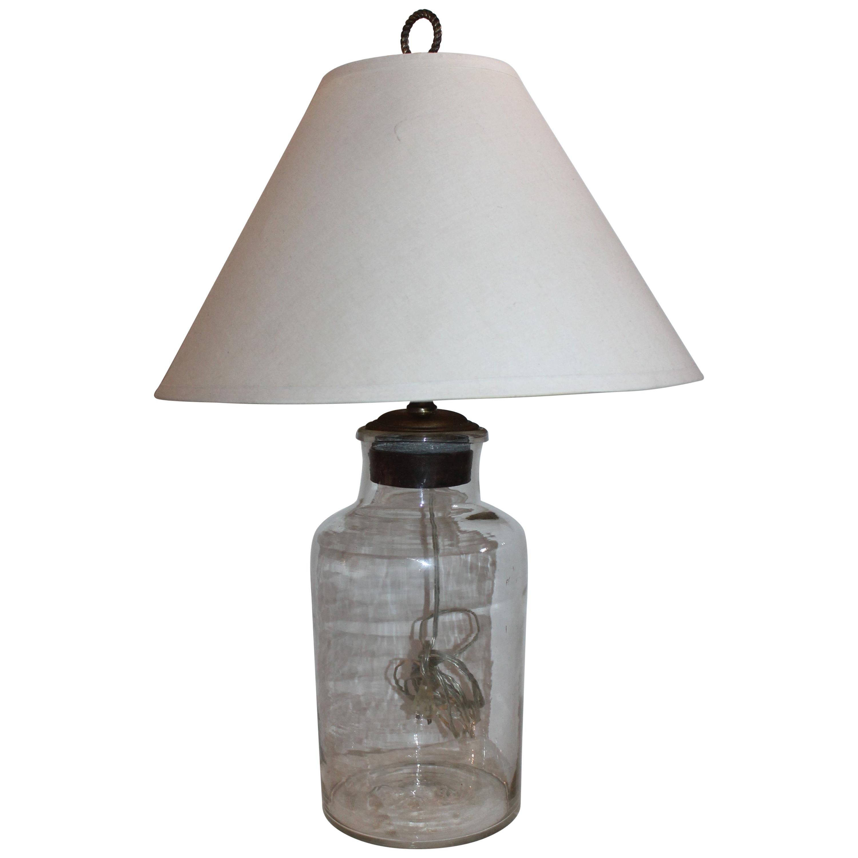 19th Century Glass Jar Lamp Hand Blown W/ Linen Shade For Sale